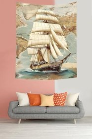 Resim Pelangi Antik Dünya Haritası Yelkenli Leke Tutmaz Kumaş Duvar Örtüsü Duvar Halısı Tapestry PNTR548, 100 x 140 