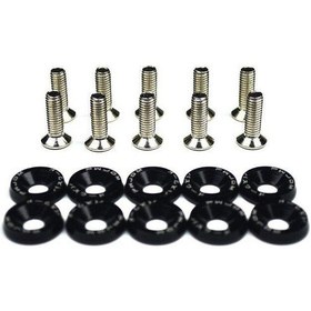 Resim Siyah 10 Adet Araba Modifiye Altıgen Bağlantı Elemanları Çamurluk Yıkayıcı Tampon Motor İçbükey Vidalar Alüminyum Çamurluk Yıkayıcılar Ve M6 Cıvata 