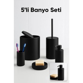 Resim Siyah 5’li Banyo Seti - Çöp Kovası, Tuvalet Fırçası, Sabunluk ve Aksesuarlar TKNPX-4342 