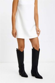 Resim POTEEN Western Düz Kowboy Uzun Konç Kadın Çizme Tam Kalıp -Siyah 