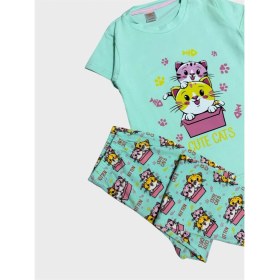 Resim Elmas Kids Kız Çocuk %100 Pamuklu Yeşil Kedi Desenli Kısa Kollu Altı Uzun Yazlık Pijama Takımı 