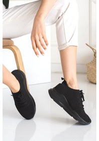 Resim Kadın Triko Sneaker Bağcıklı Çorap Bileklik Detaylı Spor Ayakkabı 017 Siyah 