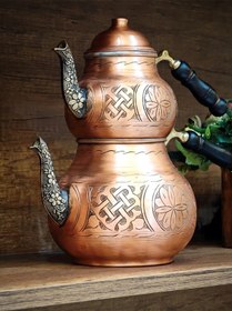 Resim İşlemeli Bakır Çaydanlık Takımı Gümüş 