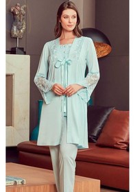 Resim Bone Club 4906 Turkuaz Hamile Lohusa 3 Lü Dantel Kollu Pijama Sabahlık 