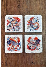 Resim Doğal Taş Bardak Altlığı 4'lü Set 10x10x1 Cm Renkli Balık Desenleri -stone Coasters Çok Renkli 