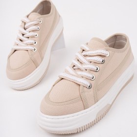 Resim Muggo Carina Kalın Taban Keten Kumaş Bağcıklı Kadın Günlük Sneaker Spor Ayakkabı 