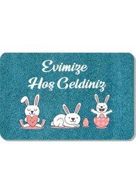 Resim Dijital Baskılı Kapı Önü Paspas Hoşgeldiniz Yazılı Çiçek Desen Ve Tavşan Iç Ve Dış Kapı Yıkanabilir Kahverengi 