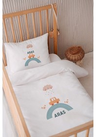 Resim %100 Pamuk Saten Isme Özel Isimli 100x150 Bebek Yatak Nevresim Seti Araba 