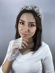 Resim Beyaz Kısa Puantiyeli Eldiven Ve Krem İncili Taç Nikah Takımı 