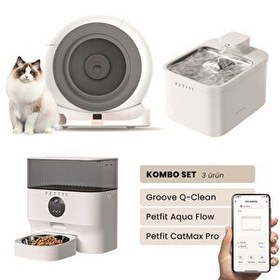 Resim Groove Q-Clean Otomatik Kedi Tuvaleti Gri - Petfit Aqua Flow Akıllı Su Pınarı - Petfit CatMax Pro Otomatik Mama Kabı 