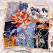 Resim Şık Çiçek Desenli Eşarp, Canlı Kırmızı ve Beyaz Çiçeklerle Mavi ve Turuncu Arka Planlı 69.85cm Kare Polyester Eşarp - Tüm Mevsimler İçin İdeal, Şık Aksesuar|Canlı Desenli Eşarp|Dekoratif Eşarp 