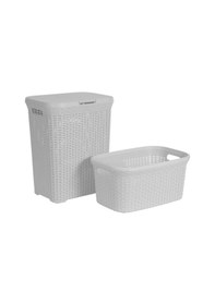 Resim Hasır Desenli Plastik Beyaz Çamaşır Sepeti & Beyaz Çamaşır Selesi Beyaz 