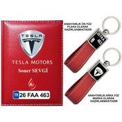 Resim Plakanıza Özel Tesla Logolu Kırmızı Ruhsat Kabı Ve Anahtarlık 