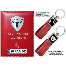 Resim Plakanıza Özel Tesla Logolu Kırmızı Ruhsat Kabı Ve Anahtarlık 