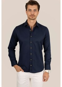 Resim Lacivert Kahve Düğmeli Slimfit Erkek Gömlek Lacivert 