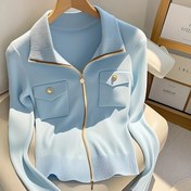 Resim Kadınlar için Şık Yüksek Boyunlu Fermuarlı Hırka - Zincir Detaylı Şık Uzun Kollu Kazak, Düz Mavi, Sonbahar/Kış İçin Mükemmel, Şık Uzun Kollu Hırka | Fermuarlı Kazak | Yapım 