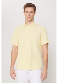 Resim AC&Co / Altınyıldız Classics Erkek Sarı Slim Fit Dar Kesim Gizli Düğme Yaka Kısa Kollu Gömlek Sarı 