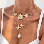 Resim 4 Parça Kadın Retro Şık Minimalist Barok Taklit İnci Süslemeli Metal Çiçek Kolye, Moda Okyanus Temalı Denizyıldızı Pandantifli Kolye Seti 
