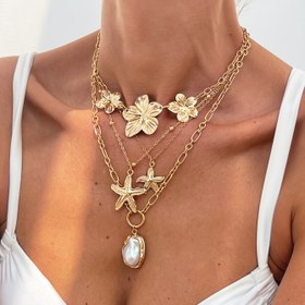 Resim 4 Parça Kadın Retro Şık Minimalist Barok Taklit İnci Süslemeli Metal Çiçek Kolye, Moda Okyanus Temalı Denizyıldızı Pandantifli Kolye Seti 