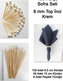 Resim 136 Parça Krem Küçük Top İnci Boncuklu Sofra Seti Uzun Kürdan Kısa Kürdan Peçete Halkası-inci 8 Mm 