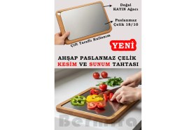 Resim Feyza Design Ahşap ve Paslanmaz Çelik Çift Taraflı Şık Mutfak Sunum Tahtası 