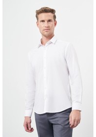 Resim Beyaz Uzun Kol Kendinden Desenli Armürlü Sert Yaka Cepsiz Pamuklu Classic Slim Fit Gömlek 1004245202 Beyaz 