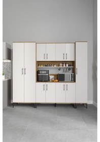 Resim Plain Metal Ayak Metal Kulp Pla11225 Kahve Köşesi 11 Kapaklı Çok Amaçlı Dolap Erzak Dolabı Kiler Dolabı Saklama Dolabı Ekru Ceviz 