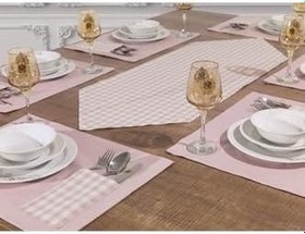 Resim Tropik Home Amerikan Servis Supla Ve Runner Seti 12 Kişilik Set Pudra Ekose Desen Salon Ve Masa Sunum Takımı 