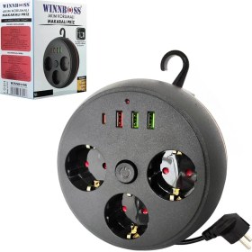 Resim Winboss Akım Korumalı Makaralı 2m Kablolu 3 Prizli 3 USB 1 Type-C Priz 