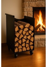 Resim Alevra Dekoratif Metal Şömine Yanı Odunluk Tekerlekli 