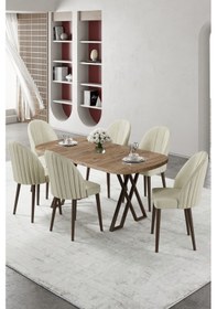 Resim Canisa Kaye Serisi Mdf 90x168 Atlantik Çam Mutfak Masa Takımı 6 Krem Sandalye Atlantik Çam Masa Krem Sandalye 