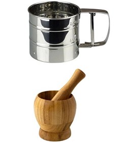 Resim Kitchen Design Lab Paslanmaz Çelik Un Eleği ve Doğal Bambu Ahşap Sarımsak Ezeceği Havan Orta Boy 
