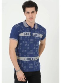 Resim Erkek Yakalı Slim Fit Baskılı T-shirt - Mavi Mavi 