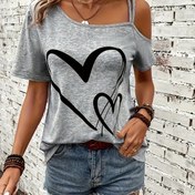 Resim Kalp Desenli Eğimli Omuzlu T-shirt, Bahar ve Yaz İçin Rahat Kısa Kollu Üst, Kadın Giyim 