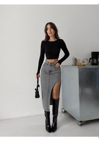 Resim Kadın Uzun Ön Parçalı Asimetrik Kot Etek Kar Siyahı 