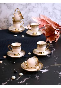 Resim Paçi Kabartmalı Yaldızlı Ayaklı 6 Kişilik Türk Kahve Fincan Takımı 90 Ml Beyaz 