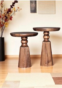 Resim AYLESA Doğal Ahşap 2’li Set Mantar Yan Sehpa Modern Fiskos Zigon Çiçeklik 