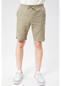 Resim Erkek Beli Lastikli Bağcıklı Pamuk Keten Karışımlı Slim Fit Jogger Şort Haki Haki 
