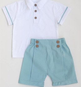 Resim Erkek Bebek Mavi Keten Denizci Gömlek Şort Takım-Mavi 