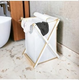 Resim HOLTECH Ahşap Çamaşır Kirli Sepeti, Oyuncak Sepeti-Bez AHŞAP BEYAZ 