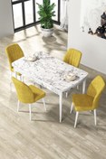 Resim Canisa Par Serisi 70x114, Açılabilir Mdf Yemek Masası Beyaz Mermer Desen Masa Ve 4 Hardal Sandalye Takımı 