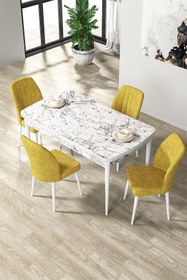 Resim Canisa Par Serisi 70x114, Açılabilir Mdf Yemek Masası Beyaz Mermer Desen Masa Ve 4 Hardal Sandalye Takımı 