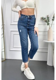 Resim Mavi Yıpratmalı Kadın Boyfriend Jean Yüksek Bel Kot Pantolon Mabel Model 001 