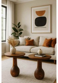 Resim Meşe Renk Masif Ahşap Yan Sehpa Seti 2 Li Şık Zigon Ve Fiskos Takımı Kahverengi 