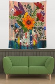Resim Pelangi Çaydanlıktaki Çiçekler Ve Kelebek Vintage Tema Leke Tutmaz Kumaş Duvar Örtüsü Duvar Halısı Tapestry PNTR017, 70 x 70 