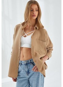 Resim Mixray 3833 Kadın Oversize Cepli Müslin Gömlek Vizon 
