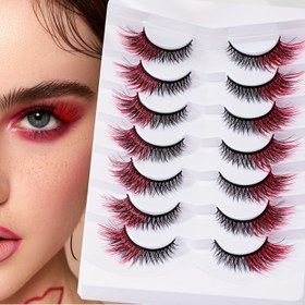 Resim Kırmızı ve Siyah Karışık Renklerde 7 Çift Sahte Kirpik, Dış Köşelerde Uzun Çapraz Tasarım, 12Mm Uzunluk, Noel ve Cadılar Bayramı için Festivite Uygun Kostümler, Model HX-2321. -Gökkuşağı 