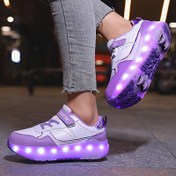 Resim Gençler & Gençler için LED Işıklı Patenler - Moda Mor & Beyaz Nefes Alabilen File Sneakerlar, Parlayan Tekerlekler, Ayarlanabilir Kanca ve Halka Bağlama Kayışı ve Dış Mekan Eğlencesi, Partiler ve Sokak Giyimi için Dayanıklı TPR Taban, Paten Ayakkabıları 