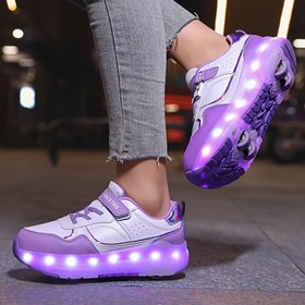Resim Gençler & Gençler için LED Işıklı Patenler - Moda Mor & Beyaz Nefes Alabilen File Sneakerlar, Parlayan Tekerlekler, Ayarlanabilir Kanca ve Halka Bağlama Kayışı ve Dış Mekan Eğlencesi, Partiler ve Sokak Giyimi için Dayanıklı TPR Taban, Paten Ayakkabıları 