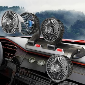 Resim Araba montajlı üç USB portlu, 360° dönebilen, otomatik soğutma, konsol montajı, araçlar için dolaşan ventilasyon fanı. 